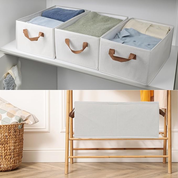 Fordonral Pack of 3 Large Capacity Storage Bins Closet Organizer System, Sturdy Foldable Boxes for Organizing Clothing, Sheets, Toys, Books - Shelf Shelves Basket Bin Linen White - Image 6