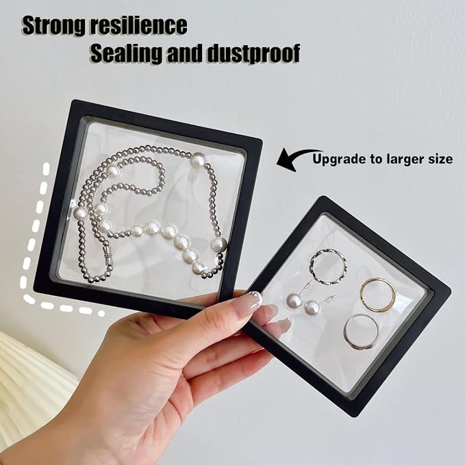 12PCS 3D Floating Frame Display Stand, Jewelry Box, Gift Box, Ornament Organizer, Small Travel Jewelry Box, PE Film Anti-Oxidation, Suspended Display Box Stackable (Black, 4.33 * 4.33) - Image 3