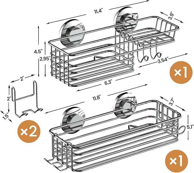 LEVERLOC Shower Caddy Suction Cup, 2 Pack Heavy Duty Bathroom Organizer for Inside Shower with Hooks & Soap holder, Removable and Rustproof Silver bathroom Holder Storage - Image 2