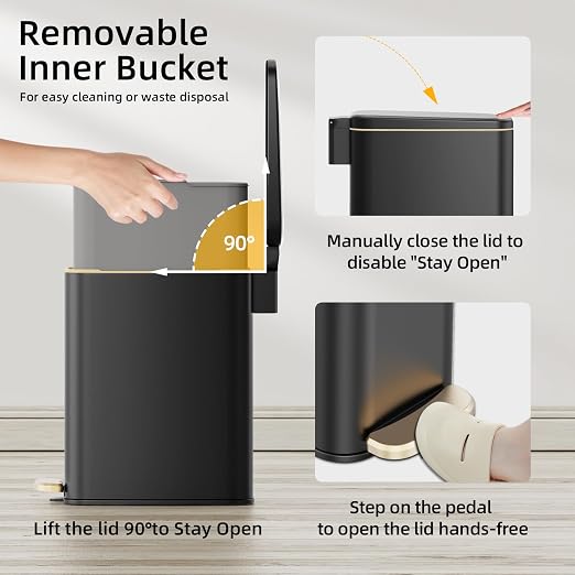 KUK Slim Bathroom Trash Can with Lid, 1.6 Gal / 6L Stainless Steel Small Garbage Bin with Detachable Inner Bucket, Step Pedal, Silent Close, Wastebasket for Toilet, Bedroom, Home, Office (Black) - Image 4