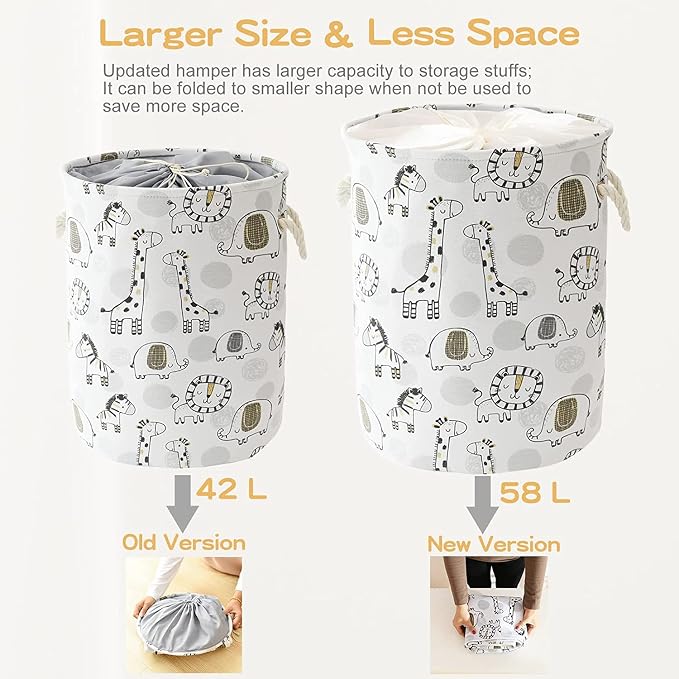 INough Kids Laundry Basket Extra Large Baby Hamper for Nursery, 58L Kids Baskets for Nursery Stuffed Animal Storage Basket, Canvas Clothes Hamper Toy Basket for Boys Foldable Laundry Hampers (Giraffe) - Image 4