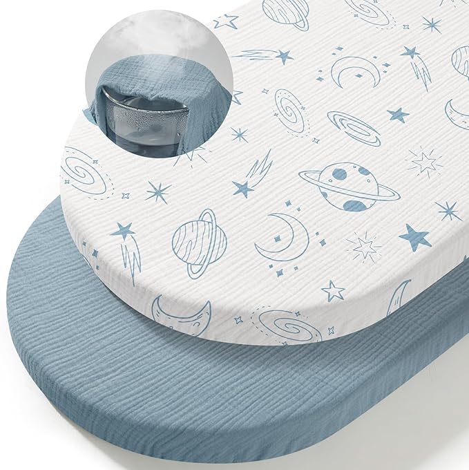 Basumee Muslin Bassinet Sheets for Baby Girl Boy 2 Pack Soft Breathable Baby Bedside Bassinet Fitted Sheets with Bottom Elastic Band Mattress Cover for Rectangle Oval Hourglass Bassinets