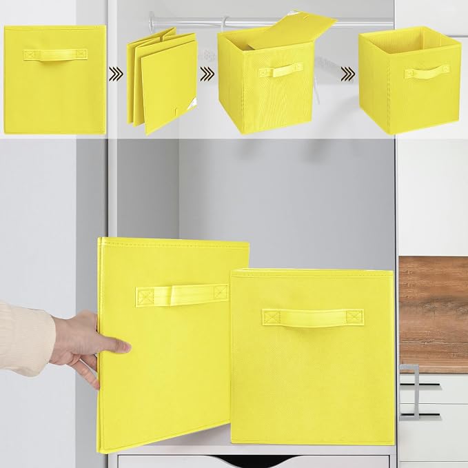 3 Pcs Storage Cubes, 10.5 Inch Collapsible Storage Bins, Fabric Foldable Bins for Organization, Durable Storage Bins for Closet, Shelves, Offices (Yellow) - Image 4