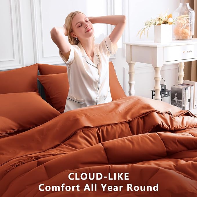 CozyLux Queen Comforter Set Terracotta, 7 Pieces Bed in a Bag, Burnt Orange Fall Comforters Queen Size, All Season Bedding Sets with Stitch Quilted Comforter, Flat Sheet, Fitted Sheet, Pillowcases