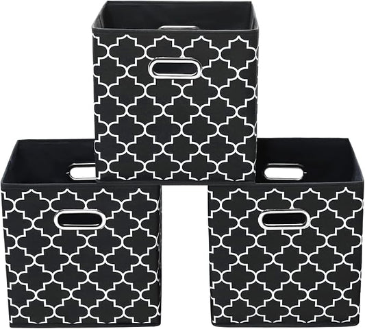 11 Inch Cube Storage Bins , Fabric Cube Organizer Bins with Handle, Foldable Cube Bins for Cloth or Accessary Storage, 11x11x11 Set of 3 (Black Light) by Yunkeeper