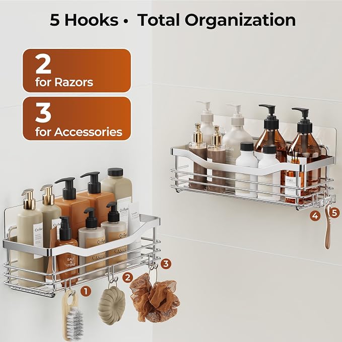 Orimade Shower Caddy Basket Shelf Storage Rack Pack of 2, No Drilling Wall Mounted Adhesive Rust Resistant Stainless Steel Shower Organizer with 5 Hooks for Bathroom, Toilet, Kitchen - Image 6