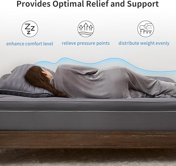 TopTopper Mattress Topper Queen, Extra Thick Cooling Mattress Pad Cover for Back Pain, Breathable Mattress with 8-21" Deep Pocket, 5D Snow Down Alternative Overfilled Plush Pillow 60"x80" Dark Grey