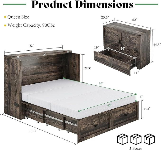 LUXOAK Queen Murphy Bed with 6" White Tri-Fold Memory Foam Mattress, Storage Drawer & Charging Station, Space-Saving Design for Home Office or Guest Room, Black Oak