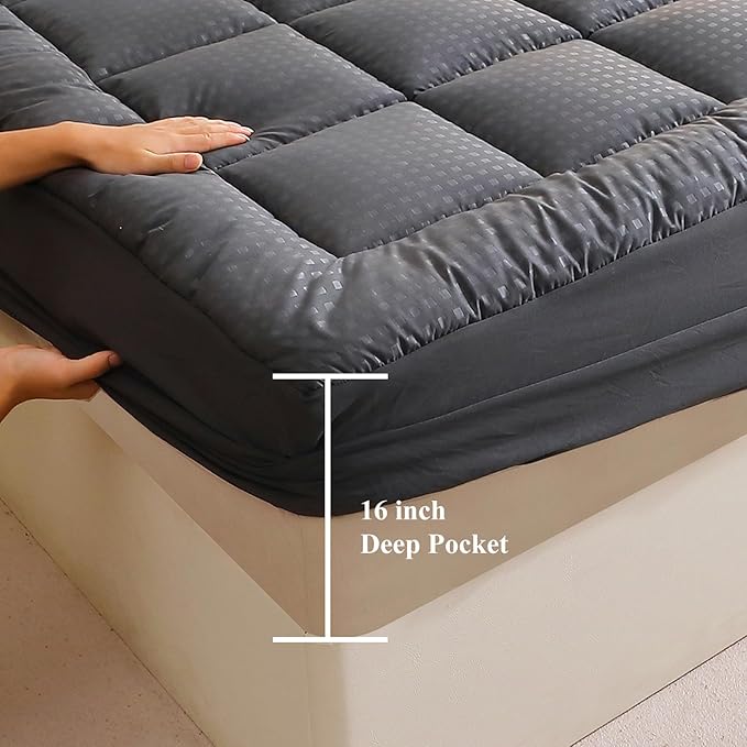 Quilted Fitted Mattress Pad, Quilted Fitted Premium Mattress Protector, Elastic Fitted Mattress Topper Protector and Cover Stretches up to 16 Inches Deep, Breathable, Machine Washable (Dgrey, King)