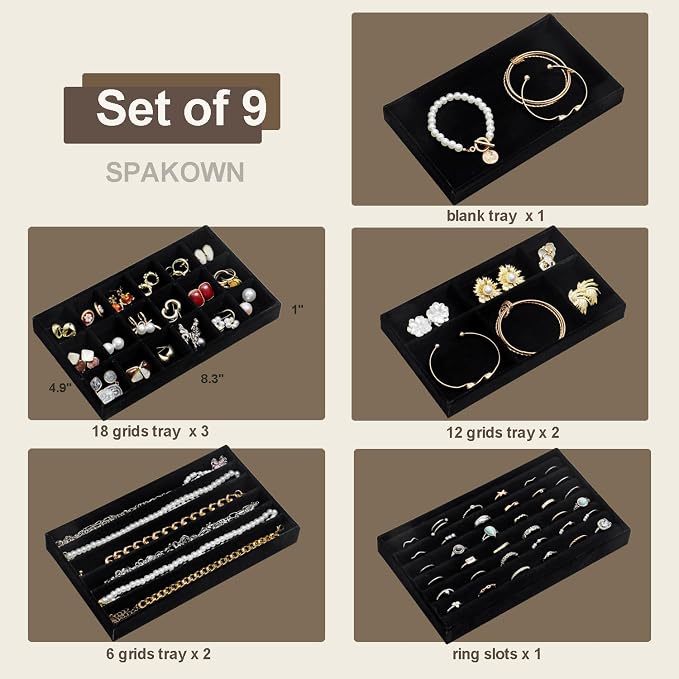 SPAKOWN Jewelry Drawer Organizer Inserts Set of 9, Jewelry Trays for Drawers Velvet Jewelry Organizer Tray Drawer Jewelry Organizers and Storage for Earring Ring Necklace Watch Bracelet (Black) - Image 3