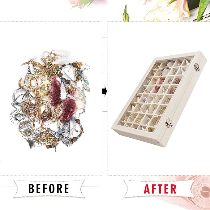 Siveit Velvet Jewelry Tray 48 Grid Jewelry Display Tray Organizer Box with Transparent Lid Rings Earrings Necklaces Pendants Display Box Suitable for Women and Girls (Beige) - Image 5