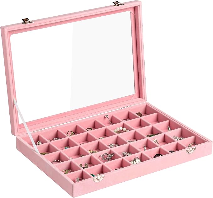 Frebeauty Velvet Jewelry Tray,35 Grid Jewelry Organizer with Clear Lid,Earring Holder Organizer Case with Clasp,Drawer Insert for Rings Studs,13.8 x 9.5 x 2 Inches,Gift for Women Girls(Pink) by Frebeauty