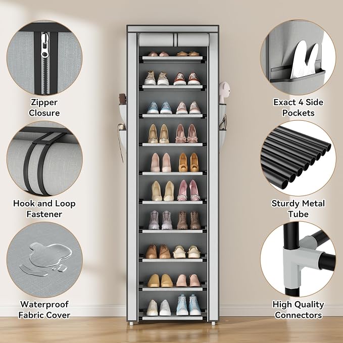 ROJASOP Shoe Rack with Covers 10 Tier Large Shoe Organizer Tall Shoe Closet Storage for 20-22 Pairs Shoe and Boot, Free Standing Shoe Rack Organizer for Closet, Entryway, Bedroom, Grey - Image 4