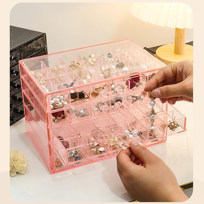 Feadily Acrylic Jewelry Organizer Box, Jewelry Drawer Organizer With 5 Drawers 120 Grids, Pink - Image 4