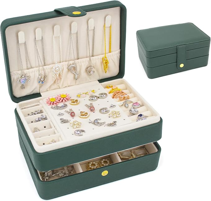KOOAAICCHI Small Jewelry Box, Travel Jewelry Organizer, Portable Jewelry boxes for Women Girls Gift, Double Layers PU Leather Jewelry Holder for Rings, Earrings, Necklaces-Green by KOOAAICCHI