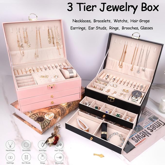 Jewelry Organizer Box for Women, Large Jewelry Organizer with Lock, 3 Tier Storage Box with Velvet Lining, 2 Drawers, Necklace Hooks, Ring Rolls - Image 4