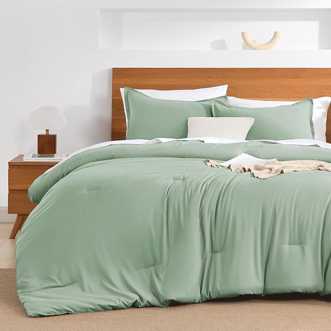 Andency Sage Green King Size Comforter Set - 7 Pieces Bed in a Bag King Bedding Comforter Sets, Summer Solid Soft Lightweight Comforter with Fitted Sheets, Flat Sheets, Pillowcases & Shams