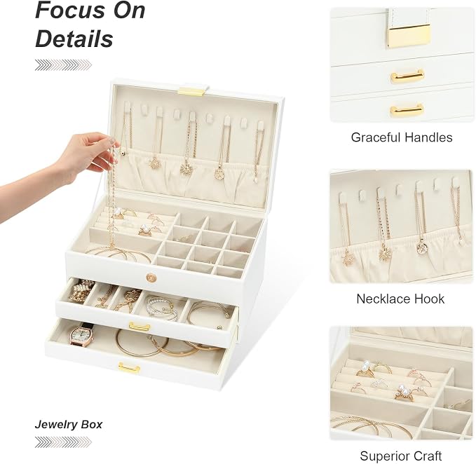 Jewelry Organizer Box for Women Girls, 3-Layer Jewelry Case with 2 Drawers Jewelry Storage Box for Ring Earrings Bracelets Necklaces(White) - Image 2