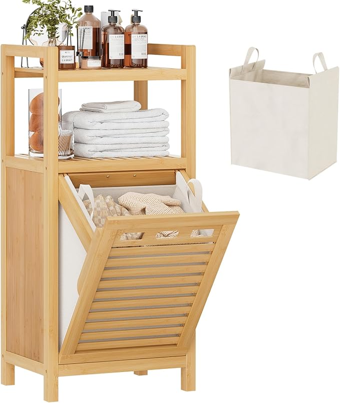 Homykic Tilt Out Laundry Hamper, 10 Gal Bamboo Laundry Storage Cabinet with Removable Basket, Hidden Hamper Organizer with Shelf for Dirty Clothes, Bathroom, Laundry Room, Space Saving, Natural by Homykic