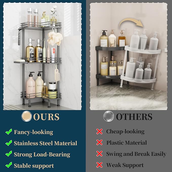Consumest Corner Shower Caddy Standing - 3-Tier Stainless Steel Shower Organizer with Soap Holder and 4 Hooks, Large Capacity Corner Shelf Stand for Bathroom, Rest Room, Grey - Image 2