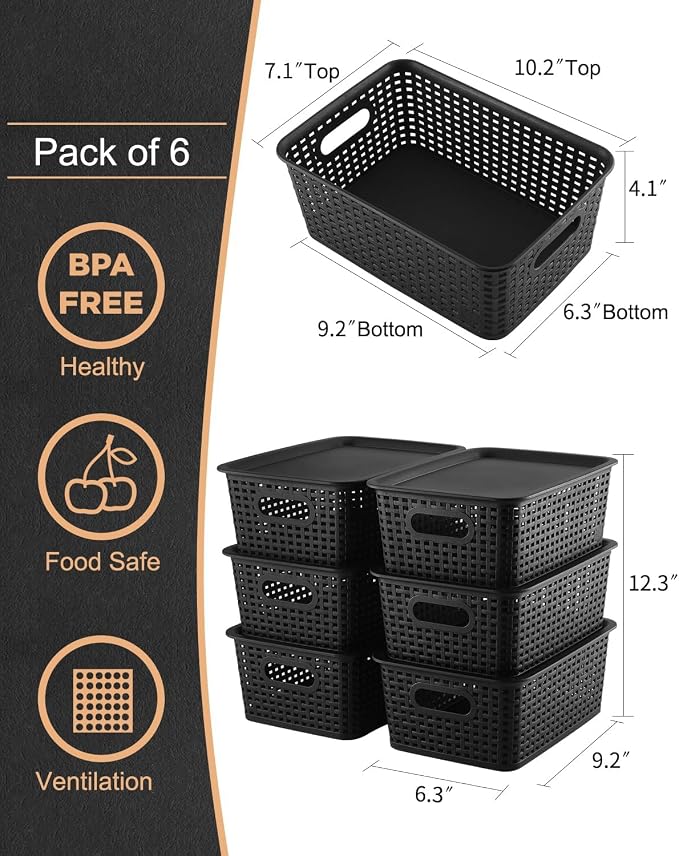 Storage Bins Plastic Storage Baskets With Lid Small Baskets for Organizing Stackable Storage Container Organizer Bins for Shelves Drawers Desktop Playroom Classroom Office, 6 Pack,Black - Image 2