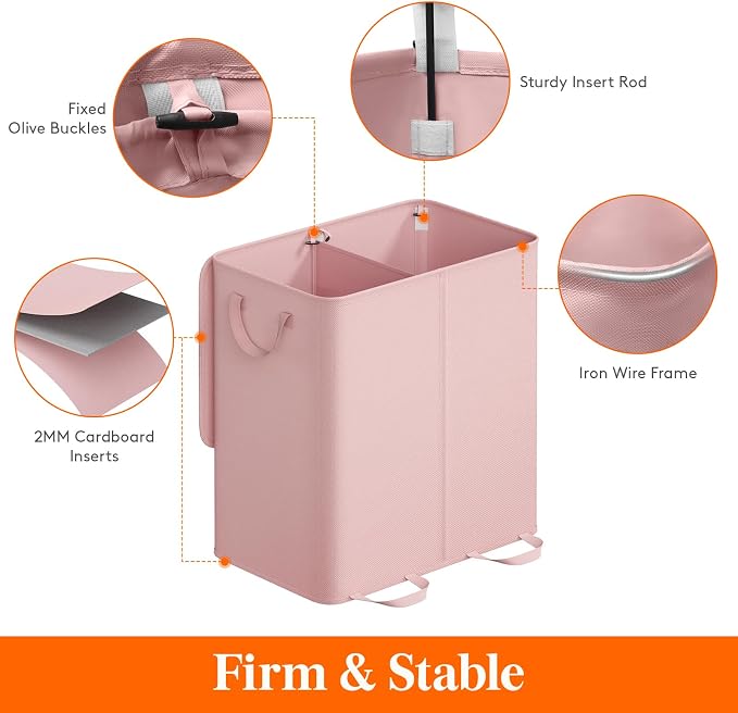 Lifewit Double Laundry Hamper with Lid and Removable Laundry Bags, Large Collapsible 2 Dividers Dirty Clothes Basket with Handles for Bedroom Laundry Room Closet Bathroom College, 136L Pink - Image 2