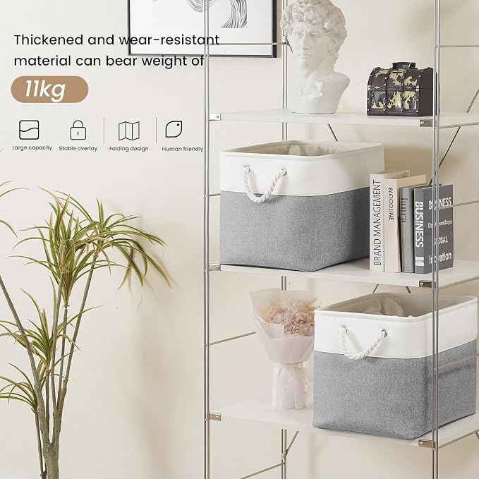 Large Storage Baskets- 15x11x10 inch Storage Bins for Shelves and Closet Organizing, Foldable Fabric Bin for Home Organization Clothes and Laundry (1-Pack, White&Gray) - Image 3