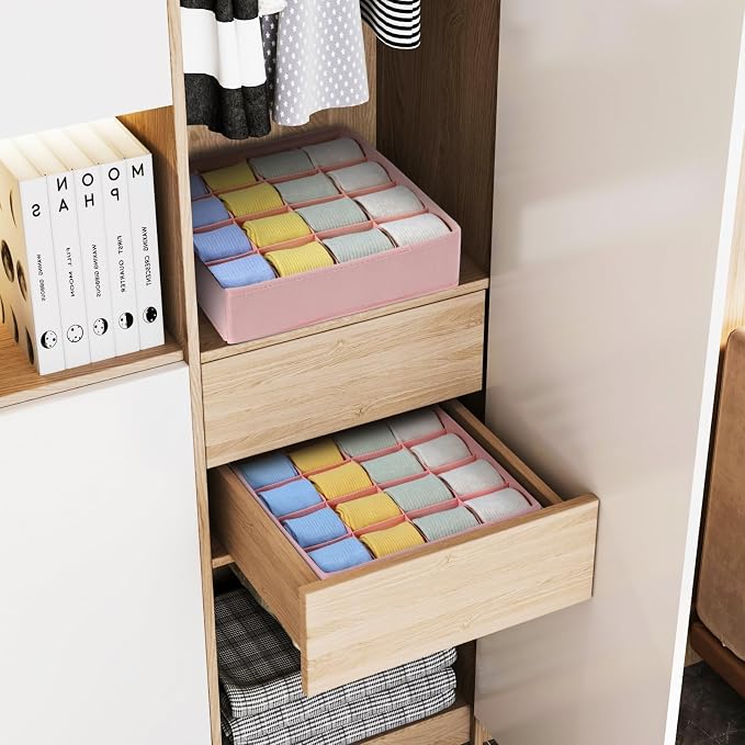 Joyoldelf Sock Drawer Organizer Divider, 16-Cell Underwear Organizers and Storage Fabric Drawer Organizer for Socks, Lingerie, Ties, 2 Packs Pink - Image 5