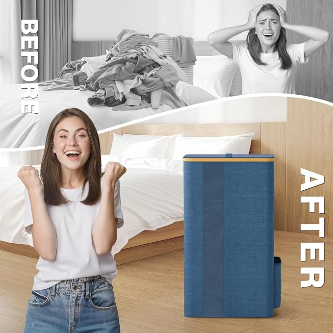 BlissTotes Laundry Basket with Lid, 100L Clothes Laundry Hamper with Handles and Removable Laundry Bag, Breathable Design Hamper with Lid for Bedroom, Bathroom, Dorm, Laundry Room - Light Blue - Image 5