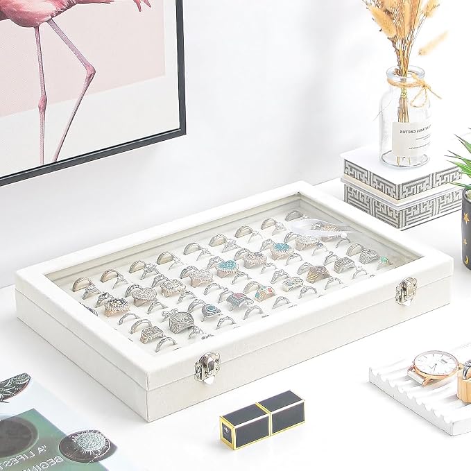Ring Display Case, Jewelry Organizer Box, Earring Holder for Girls, Velvet Display Tray (Beige, 100 Slots) - Image 3