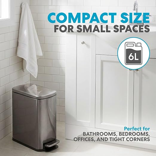 SIMPLI-Magic 6L/1.6G Stainless Steel Bathroom Trash Can with Hands-Free Foot Pedal, Quiet Soft-Close Lid, Compact Space-Saving Size - Image 2