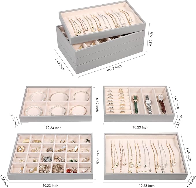LANDICI Stackable Jewelry Organizer Trays 4 Set,PU Leather Jewelry Organizer Drawer,Jewelry Storage Display Tray for Earring Necklace Rings Bracelet with Removable Dividers,Grey - Image 4