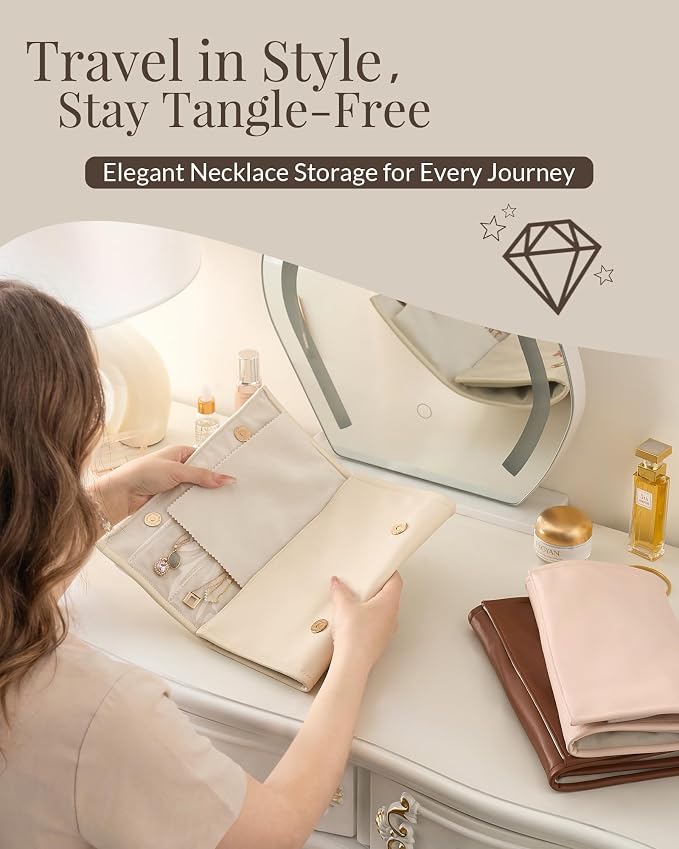 Lolalet Travel Necklace Organizer, Tangle-Free Necklace Case for Travel, Leather Foldable Roll Up Jewelry Storage Bag for Necklaces Chains Bracelets, Mothers Day Gift - Image 2