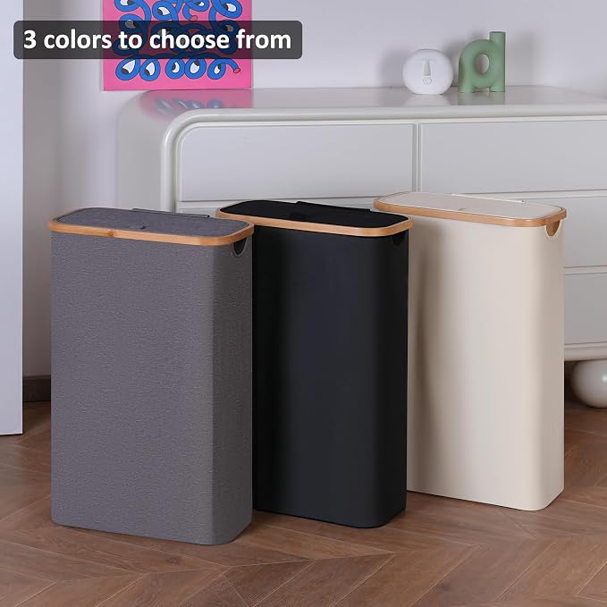 60L Slim Laundry Hamper,Laundry Basket with Lid,Tall Hamper for Laundry,Dirty Cloth Hamper with Bamboo Handle for Toys,Towels, Clothes Organizing,Black - Image 3