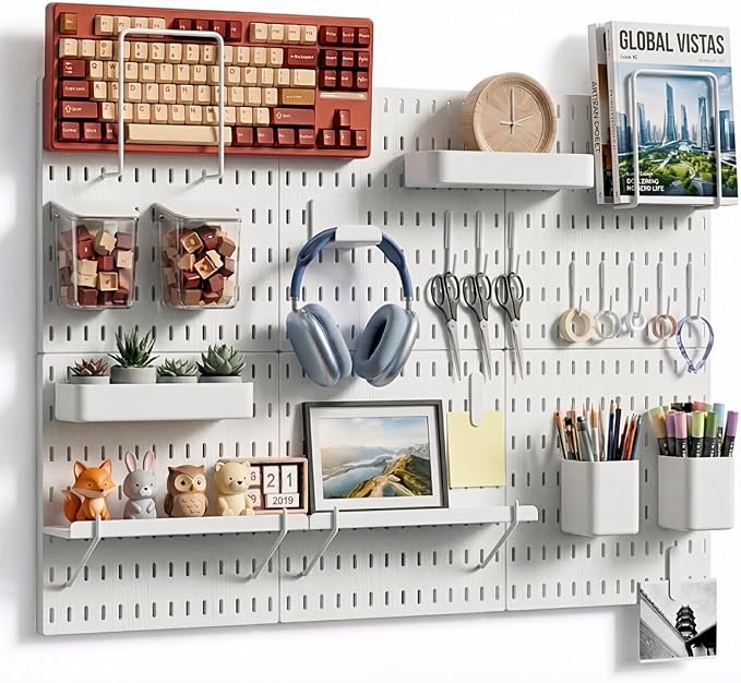 Keepo Peg Board Wall Organizer – Plastic Pegboard Panels, Modular Peg Board Storage System for Home Office, Craft Room, Gaming Setup (White, 33″×22″) by Keepo
