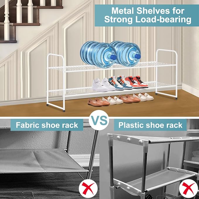 AOODA Long 2 Tier Shoe Rack for Closet Metal Wide Stackable Shoe Storage Organizer for Entryway, Bedroom, Floor, 18-Pairs Low Sneaker Shelf, White - Image 4