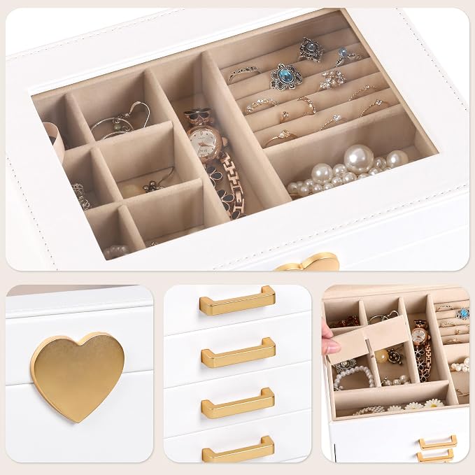Kendal Jewelry Box, 5-Layer Jewelry Organizer Box with Glass Lid, Brass Gold and White, Heart Shaped PU Leather, Storage Box for Necklace Earrings Rings Bracelets, Gift Idea for Girls LJC4DRWH - Image 4