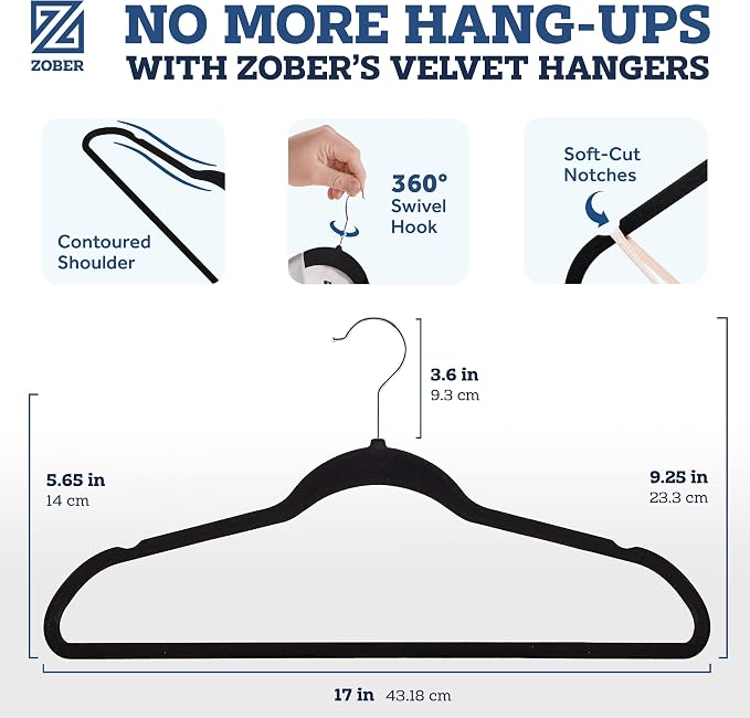 ZOBER Black Velvet Hangers 50 Pack - Clothes Hangers, Coat Hanger for Pants & Dress Clothes - Non Slip w/ 360 Degree Swivel, Holds up to 10 lbs - Strong Felt Hanger for Clothing - Image 3