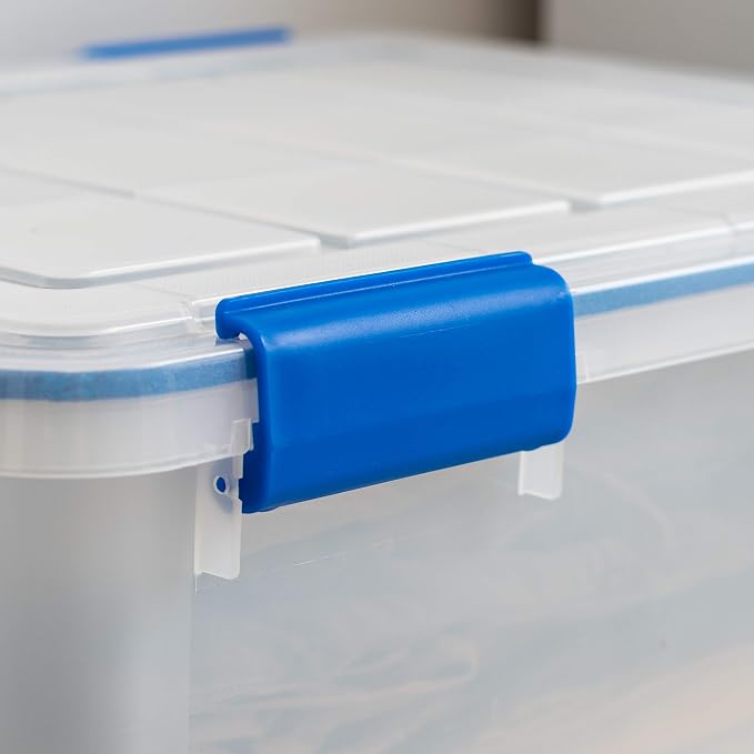 IRIS USA WeatherPro 27 Qt Storage Bins with Lids, 3 Pack, BPA-Free Plastic Gasket Box with Tight Latch and Seal, Stackable Nestable Tote Tub - Clear/Blue - Image 6