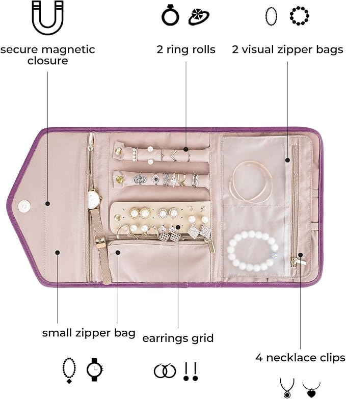 BAGSMART Travel Jewelry Organizer Roll Foldable Jewelry Case for Journey-Rings, Necklaces, Bracelets, Earrings,Purple - Image 2