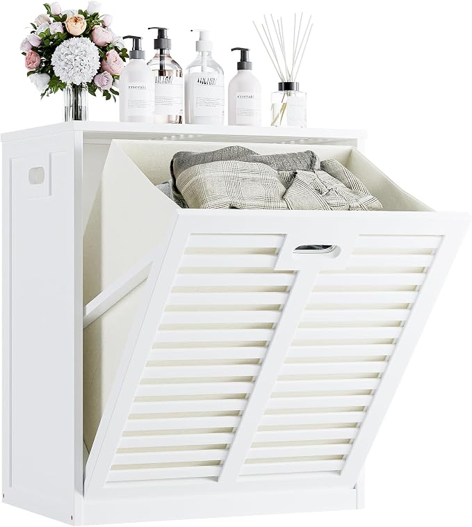 HITNET Tilt Out Laundry Hamper Cabinet, Bathroom Laundry Cabinet with 20 Gallon Clothes Basket, Space Saving Freestanding Bamboo Storage Organizer for Towels and Toys, White by HITNET