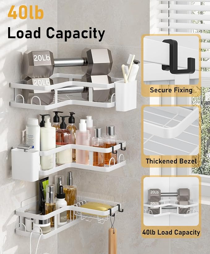 3 Pack Corner Shower Caddy Organizer, Rustproof Corner Shower Shelves, No Drilling Bathroom Corner Shelf with Hooks and Toothpaste Holder - Image 4