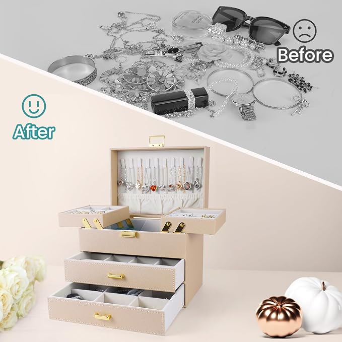 Dajasan Jewelry Organizer Box, Jewelry Holder Organizer Box, PU Leather Jewelry Box, Gift Idea for Valentine's Day, Birthday, Mother's Day, Christmas (Champagne) - Image 2