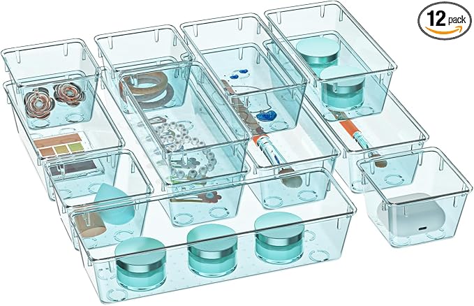 WOWBOX 12 Pack Clear Drawer Organizer Set, Acrylic Drawer Storage Trays, Storage Bins for Makeup, Cosmetics, Jewelries, Utensils, Gadgets, Office, Sea Blue by WOWBOX