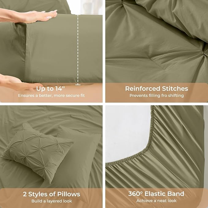 Sasttie Full Size Comforter Set, 7-Piece Bed in a Bag, Pintuck Bedding Sets for All Season, Includes Comforter, Flat Sheet, Fitted Sheet, Pillowcases and Pillowshams, Olive Green
