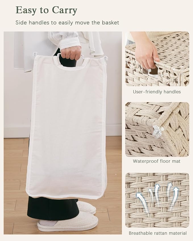 SETVSON Laundry Hamper with Lid Wicker Laundry Basket 112 L (29.6 Gal) Laundry Hampers Handwoven Rattan Clothes Hamper with Handles 3 Removable Liner Bag, 6 Mesh Bags for Bathroom Bedroom Light Khaki - Image 6