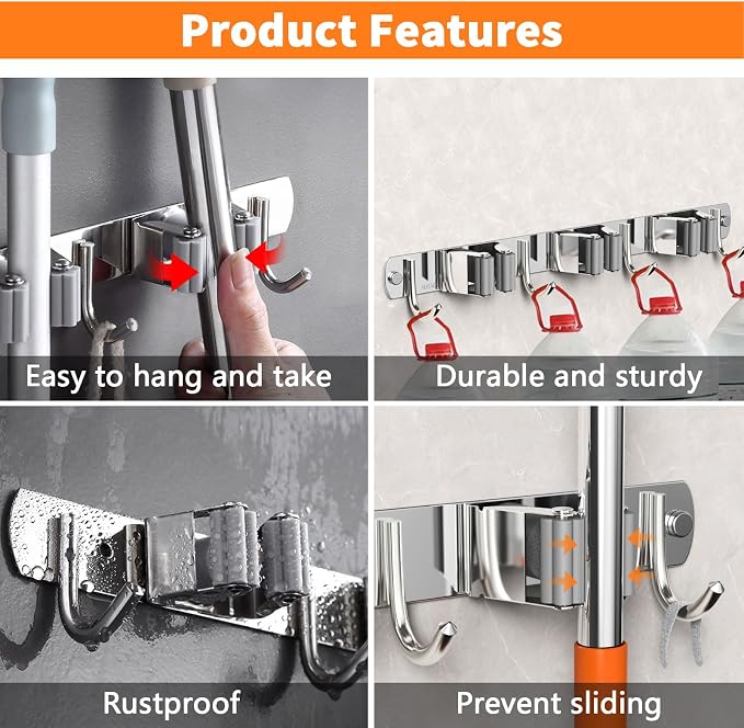 CUXIXA 2 Pack Mop and Broom Holder Wall Mount, Non-slip Broom Hanger Wall Mount, Heavy Duty Mop Broom Organizer for Kitchen Garden Garage Laundry Room Wall Decor Organization and Storage Silver 4R5H - Image 3
