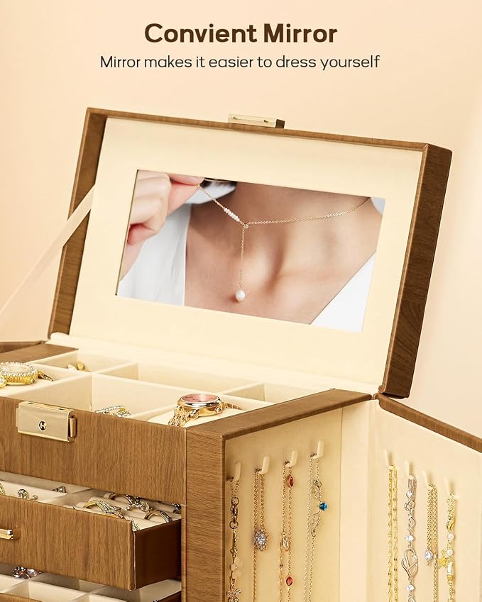 Homde Mothers Day Gifts Synthetic Leather Huge Jewelry Box Mirrored Watch Organizer Necklace Ring Earring Storage Lockable Gift Case (Brown + Gold) - Image 7