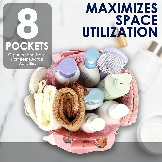 GYEUKHAM Large Mesh Shower Caddy Portable with 8-Pocket for College Dorm Room Essentials,Quick-Dry Handing Shower Basket Tote Bag for Toiletry, Bathroom,Beach,Camp,Gym,Pink - Image 3