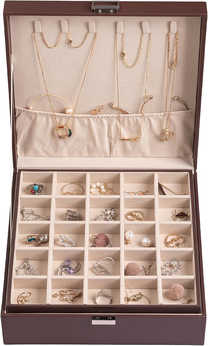 Frebeauty Earring Organizer Classic Jewelry Box 50 Slots Double Layer Jewelry Storage Case with 6 Necklace Hook and Bracelet Pocket(Dark Brown) - Image 2